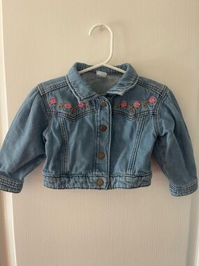 H&M Light Blue Denim Jacket with Pink Rose Embroidery